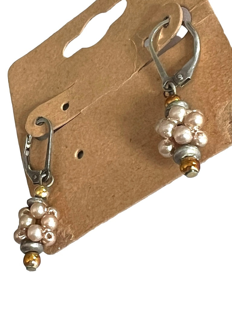 Faux Pearl Cluster Dangle Earrings  Silvertone Metal Pierced