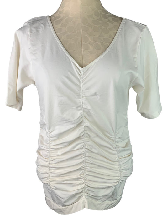 1X Legacy Ivory Women's Activewear Ruched V-Neck Shirt Short Sleeve