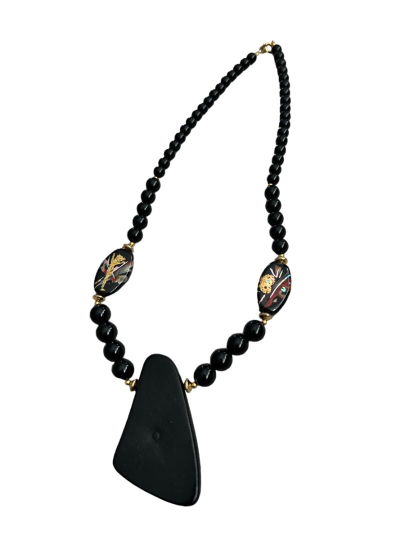 Handpainted Black Lacquer Oriental Wooden Pendant Necklace 22" Long