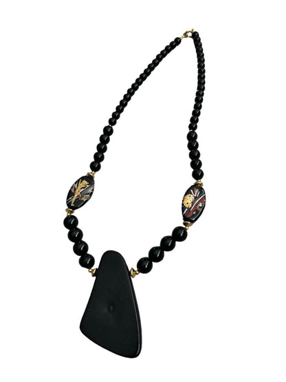 Handpainted Black Lacquer Oriental Wooden Pendant Necklace 22" Long