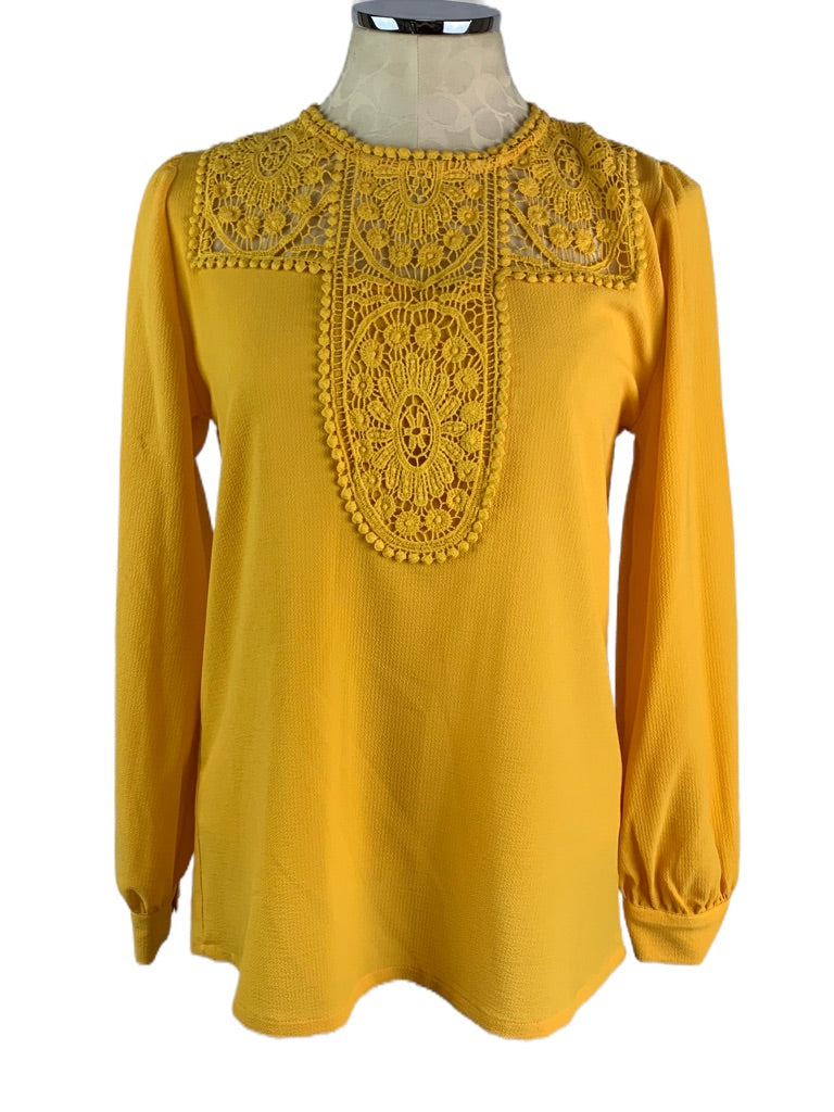 XS Halogen Gold Yellow Lace Detail Women's Blouse Long Sleeve Pullover