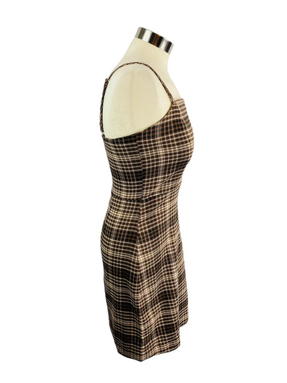 Small GB Women's Brown Plaid Spaghetti Strap Fitted Sheath Dress