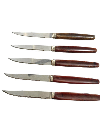Regent Steak Knife Set of 5 Bakelite Brown Handle Stainless Blade Vintage