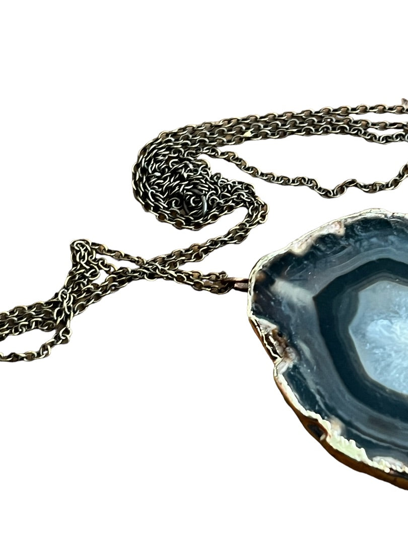 Black Agate Gold Sided Pendant Necklace 32" chain  Stone 1.75" x 1.5"