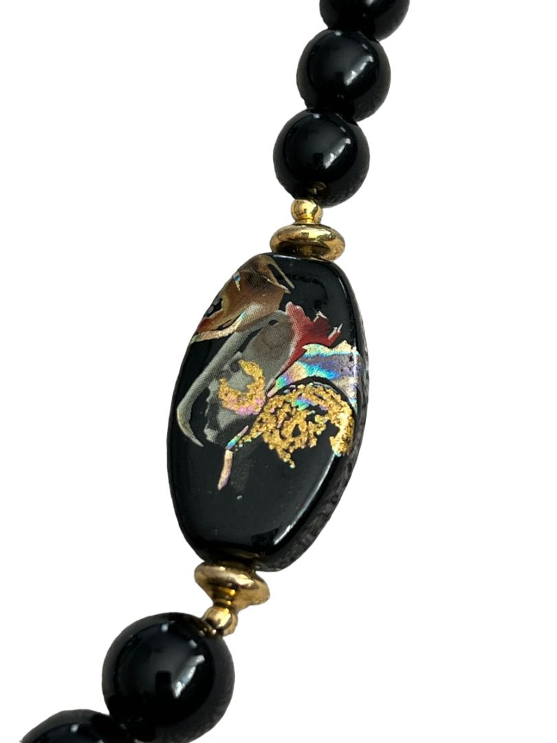 Handpainted Black Lacquer Oriental Wooden Pendant Necklace 22" Long