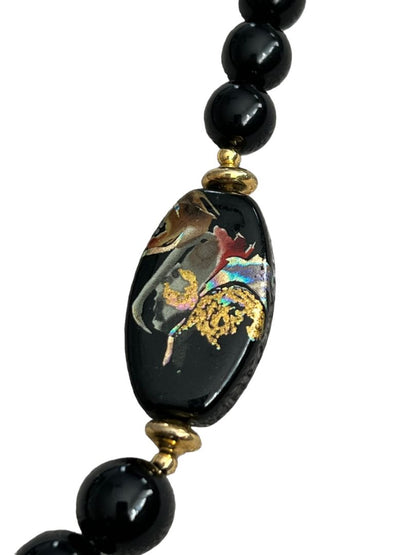 Handpainted Black Lacquer Oriental Wooden Pendant Necklace 22" Long