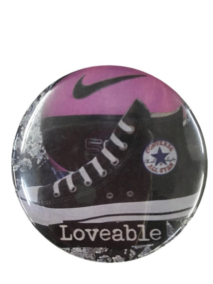 Vintage Pinback Button "Loveable" Converse Picture Swoosh 2 1/4" Diameter