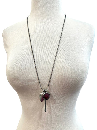 Lucky Brand Silvertone Long Charm Necklace Tassel Maroon Cabochon Leaf 30"+2"