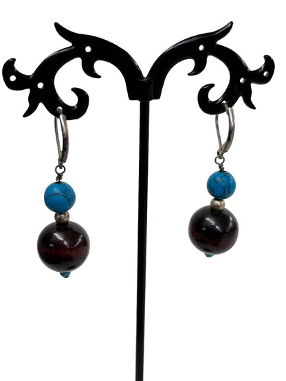 Silvertone Earrings Pierced Leverback Wood and Turquoise Beads 1.75" Drop Dangle