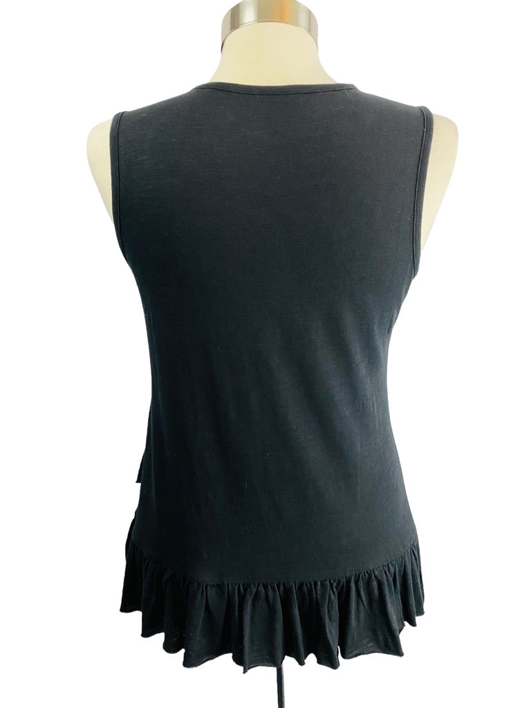 XS DG2 Diane Gilman Black Ruffle Hem Sleeveless Tshirt Tank Tunic Length