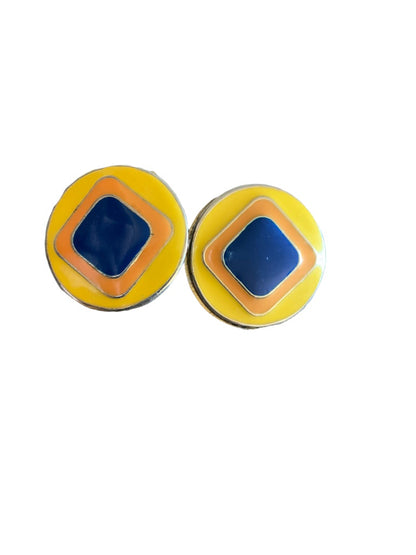 Vintage 1 1/8" Diameter Round Geometric Lightweight Earrings Yellow Blue Orange