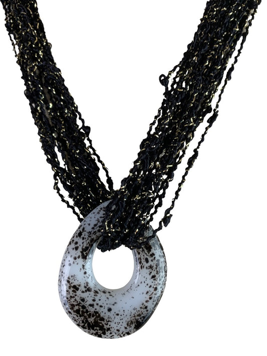 Fibrations 20" New Black Gold Thread Necklace with Glass Oval Pendant