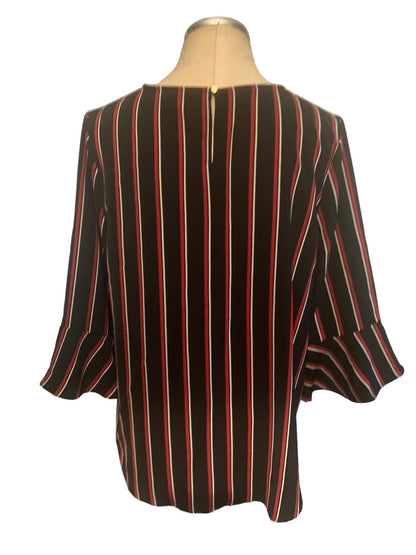 Large Tommy Hilfiger Black Red Striped Pullover Blouse Bell Sleeve