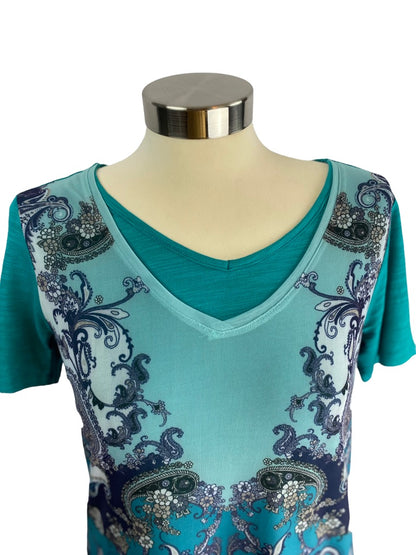 XS DG2 Diane Gilman Women's Teal V-Neck Mesh Paisley Overlay Short Sleeve Tshirt