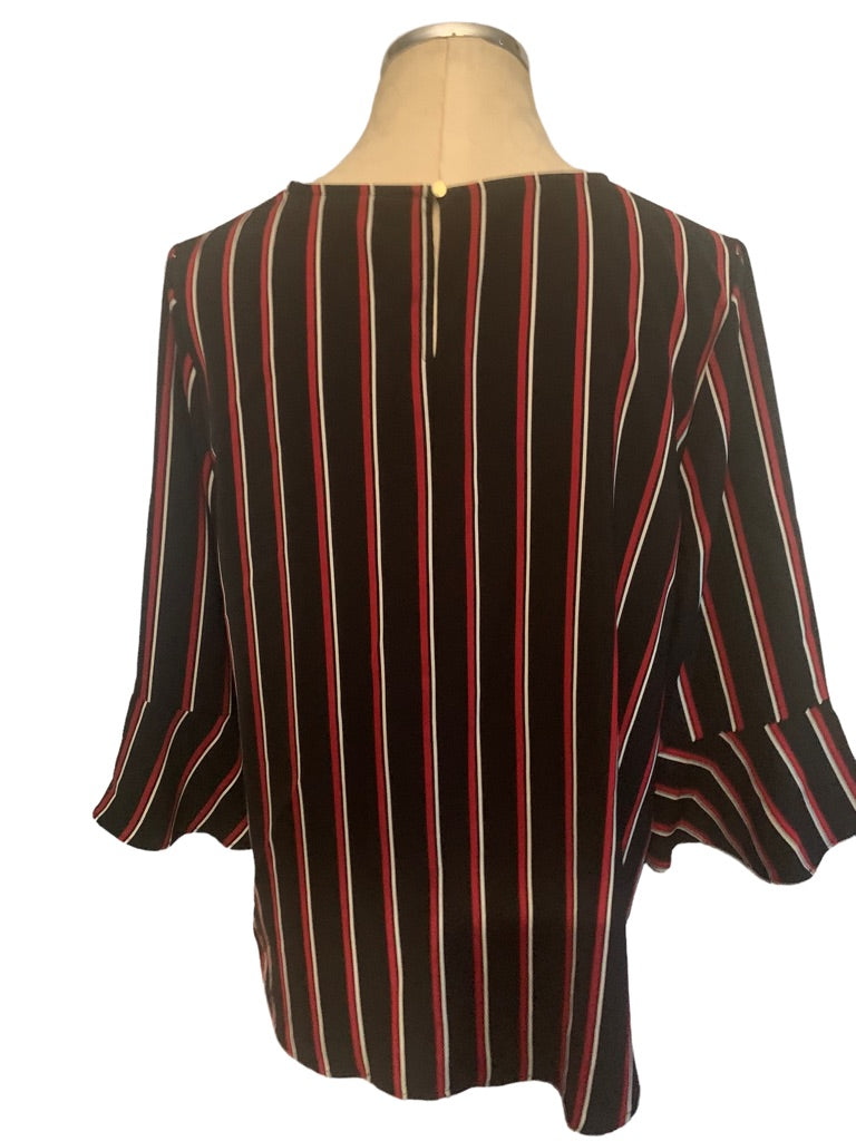 Large Tommy Hilfiger Black Red Striped Pullover Blouse Bell Sleeve