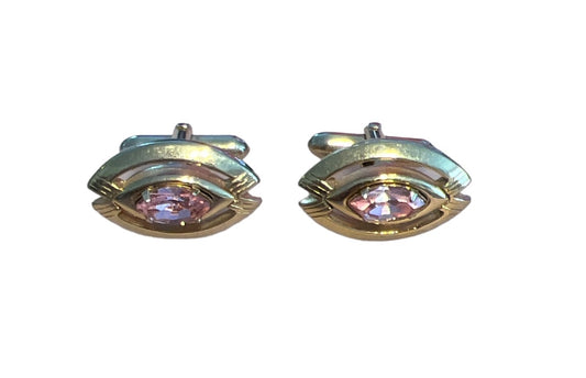 Vintage Swank Goldtone Eye Shape Pink Stone Cufflinks