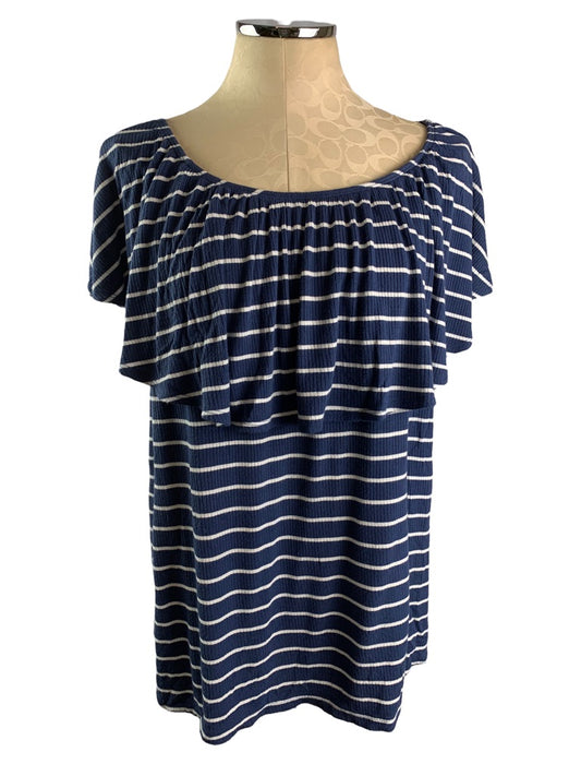 18/20 Avenue Jersey Knit Off Shoulder Blue White Stripe Short Sleeve Top Women's