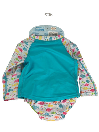 18 Months i play. Girls Two Piece Swimsuit Built-In Diaper Blue Fish Long Sleeve