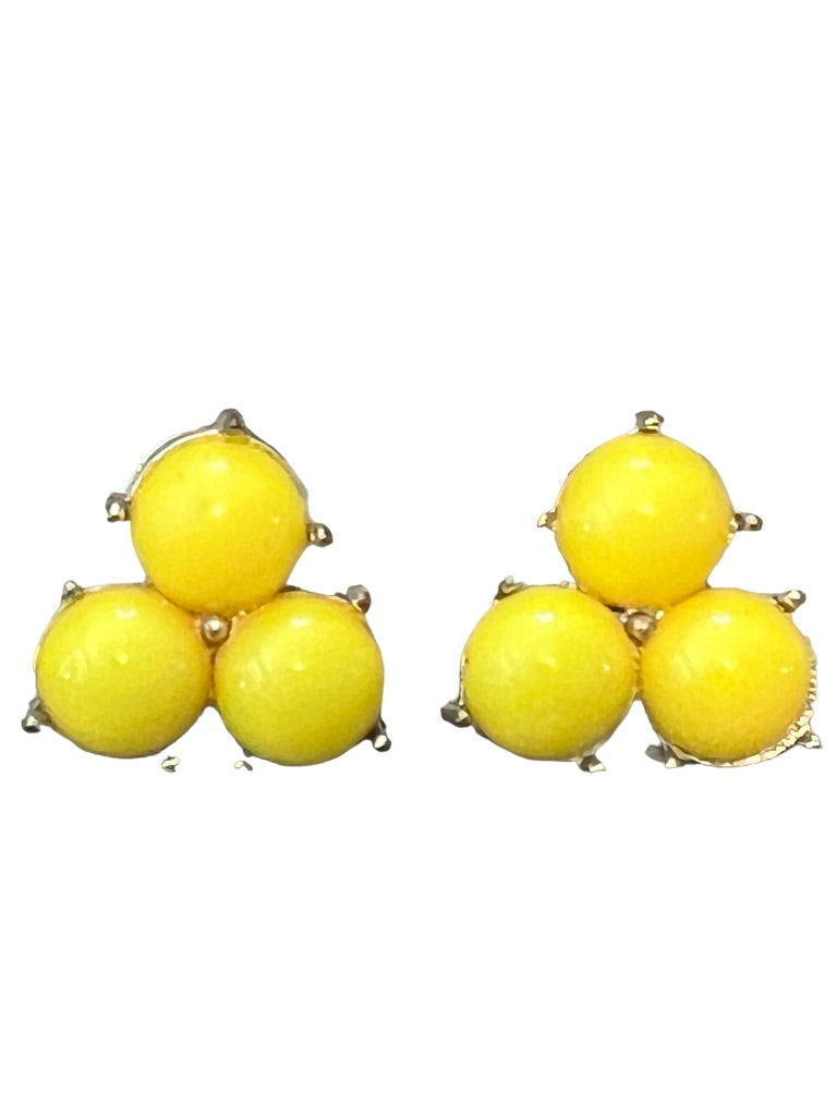 Yellow Tri-Bead Cabochon Post Earrings 3/4" Triangle