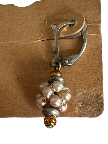 Faux Pearl Cluster Dangle Earrings  Silvertone Metal Pierced