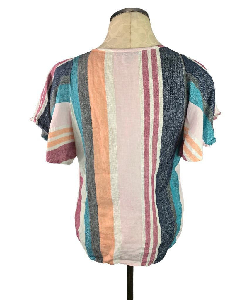 6 J.Crew Mixed Linen Stripe Short Ruffle Sleeve Women's Top Blouse AL091