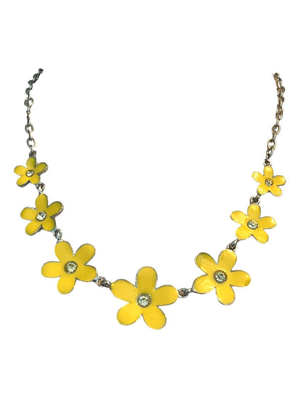 Silvertone Daisy Necklace Earring Set Yellow Enamel 21" - 24"