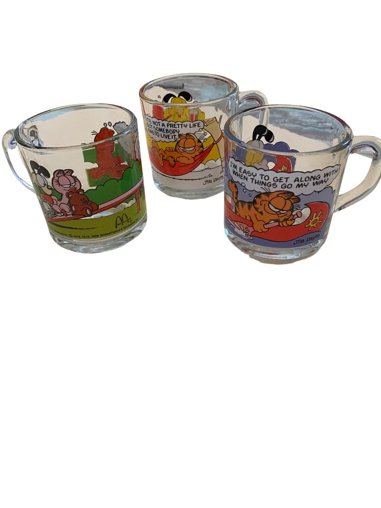 Set of 3 Vintage 1978 Garfield Mugs McDonalds Glass Anchor Hocking