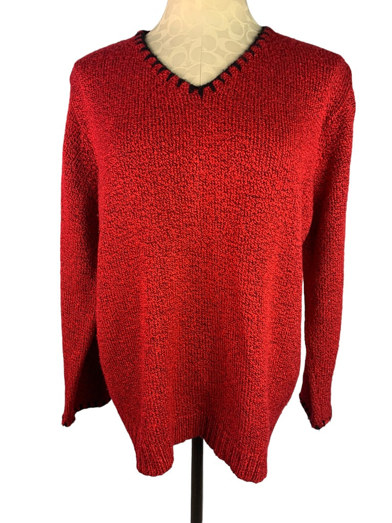 XL Stephanie Rogers Red Black V-Neck Women's Sweater Marled Knit