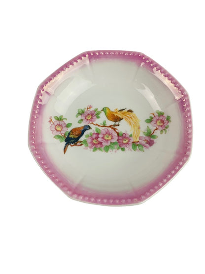 JK Unity Small Vintage Germany Bowl Pink Beaded Trim Bird Floral Design 4 3/4"d