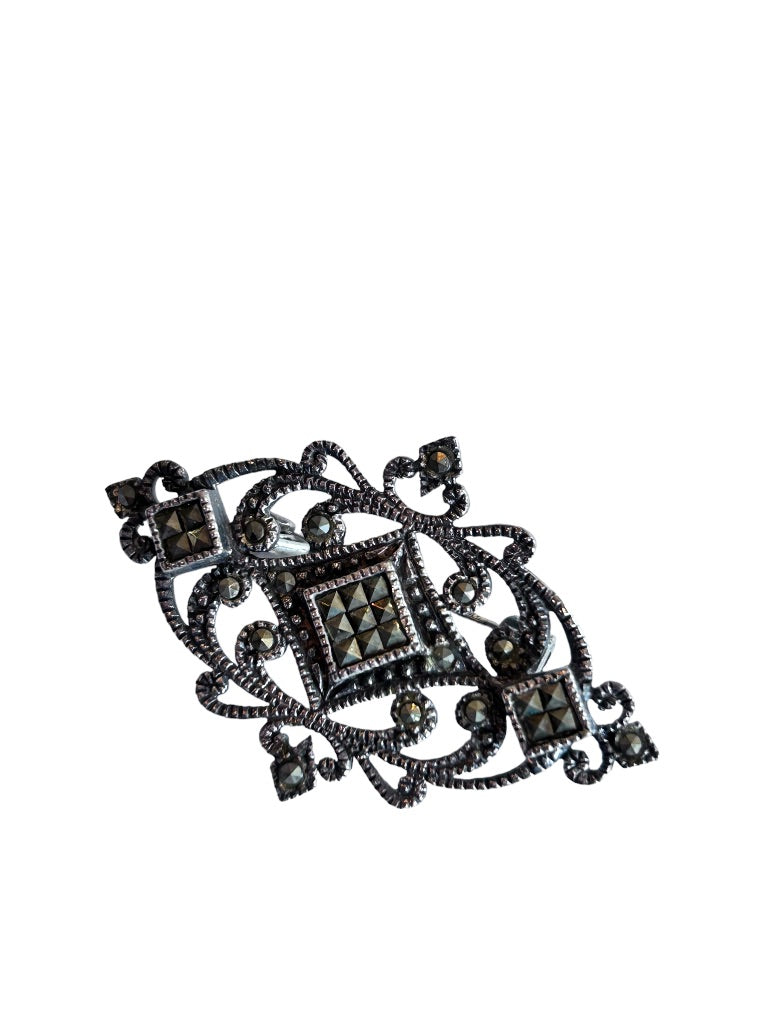 Marcasite Sterling Silver Art Deco Style Brooch Pin 1 3/4" in Box