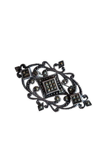 Marcasite Sterling Silver Art Deco Style Brooch Pin 1 3/4" in Box