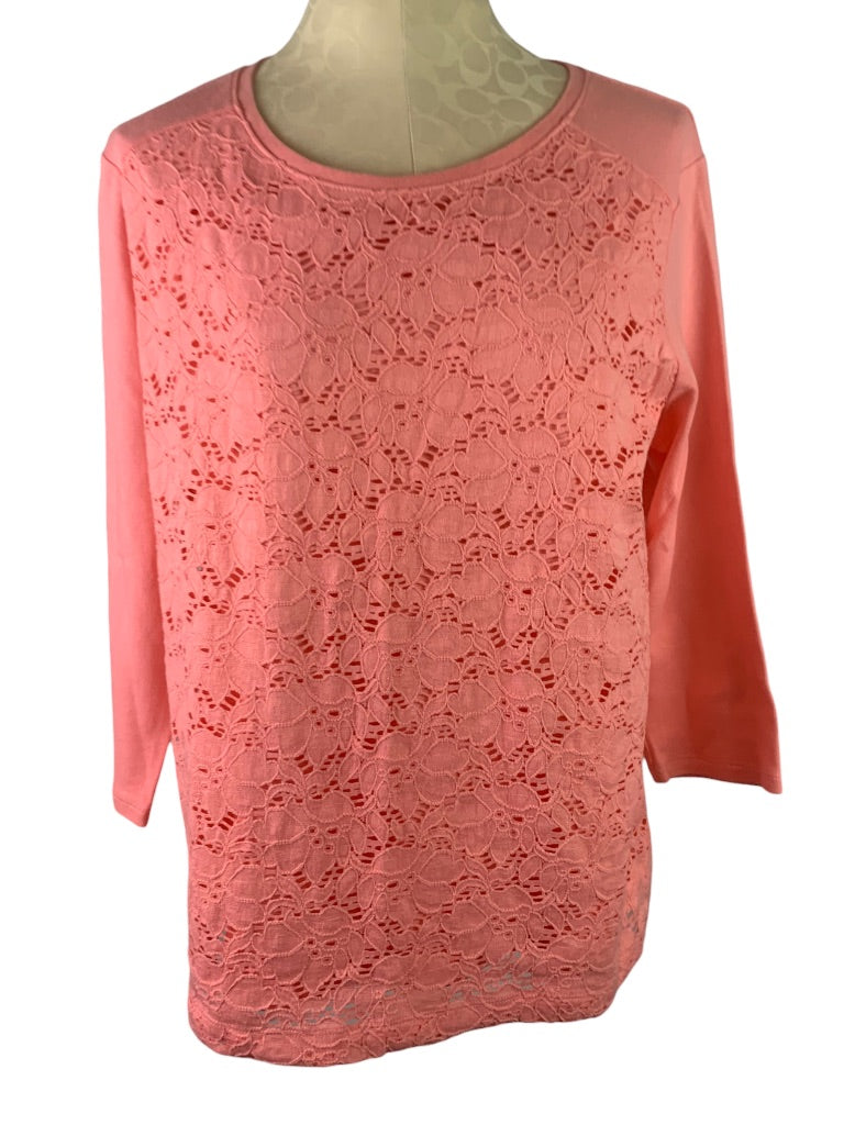 Large Petite Croft & Barrow Women's Coral Pink 3/4 Sleeve Lace Front Tshirt