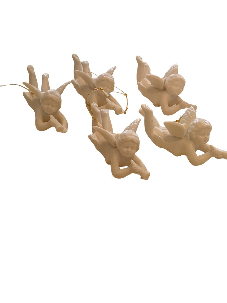 Vintage Ceramic Hanging Angel Ornaments Cherub New Old Stock Box of 5