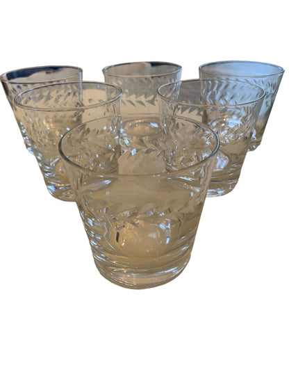 Set of 6 Vintage Glass Tumblers 7 oz Etched Design 3 1/4"h x 3 1/4"d