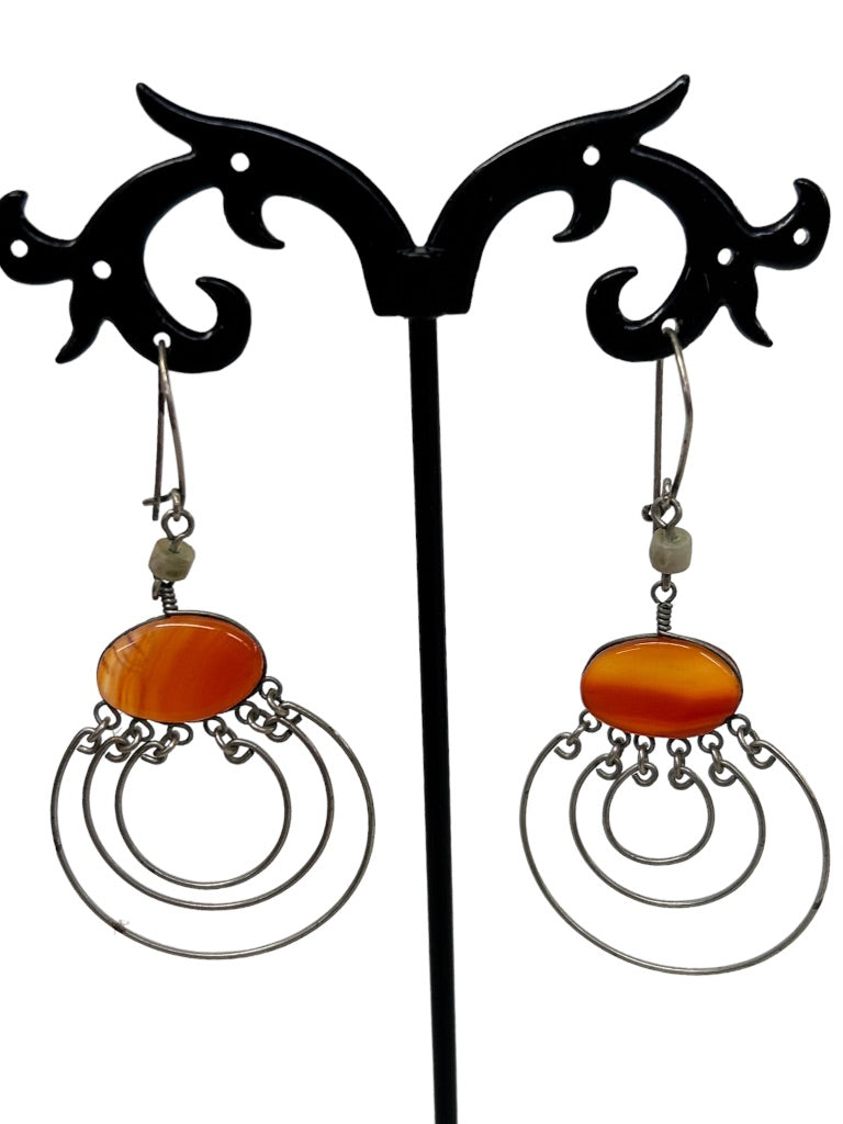 Silvertone Concentric Circle Earrings with Orange Stone Lightweight Wire Hook Pierced