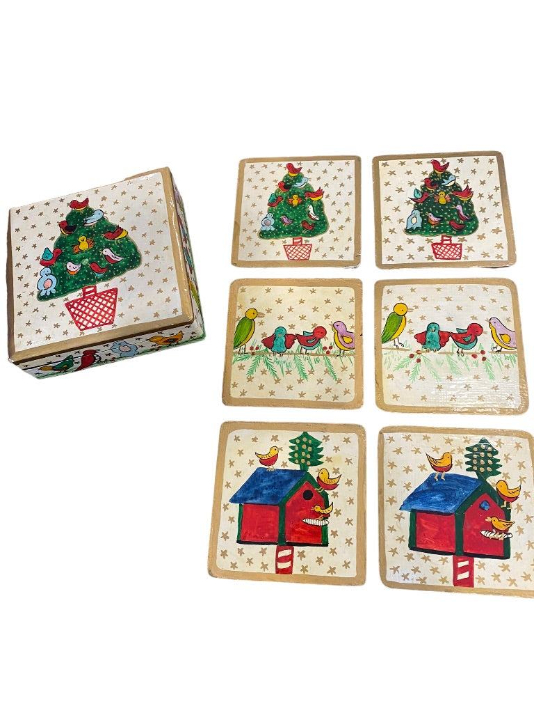 Foreside Painted Christmas Coasters Wooden Glossy Glaze With Box