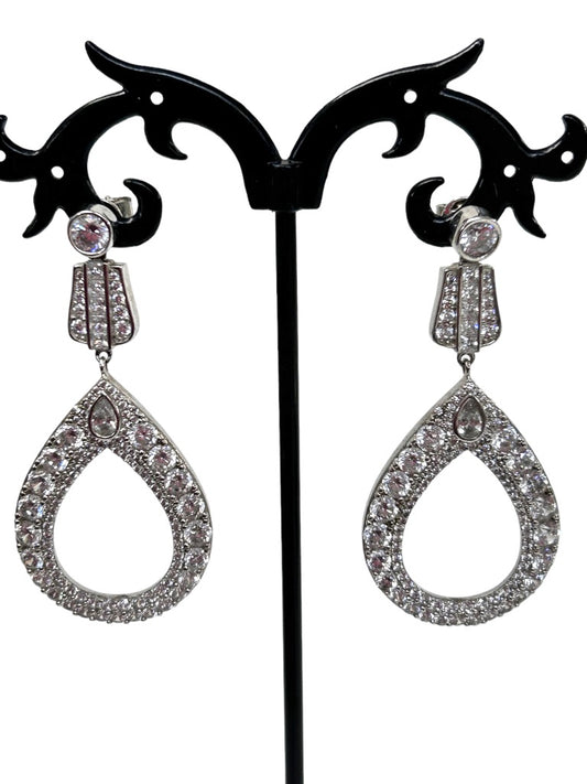 Rhinestone Teardop Earrings Silvertone 2" Drop Dangle Post Pierced Earrings