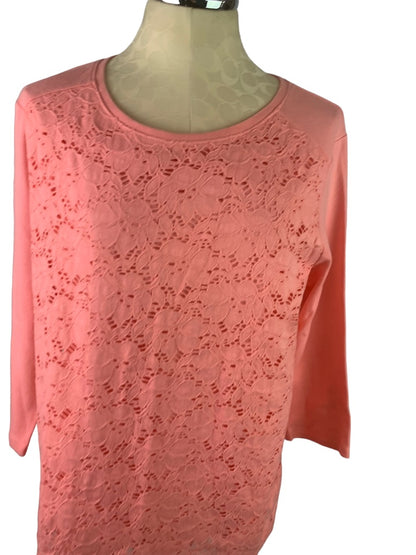 Large Petite Croft & Barrow Women's Coral Pink 3/4 Sleeve Lace Front Tshirt