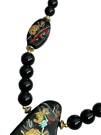 Handpainted Black Lacquer Oriental Wooden Pendant Necklace 22" Long