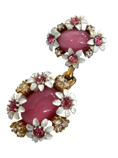 Midcentury Pendant Faux Pink Stone Enameled Daisies 2 Tier 2 Inch Drop