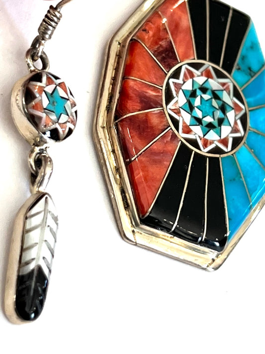 Native American Sterling Silver And Stone Inlay Pendant Necklace and Dangle Earrings