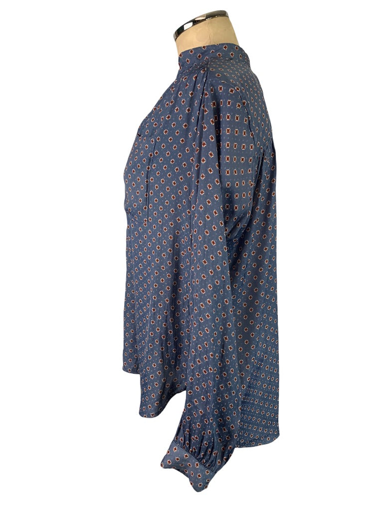 8 H&M Women's Popover Blue Ascot Print Blouse Single Pocket