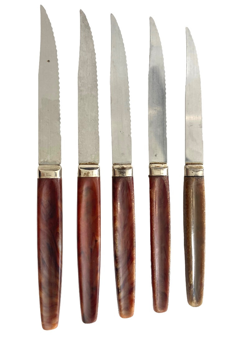Regent Steak Knife Set of 5 Bakelite Brown Handle Stainless Blade Vintage