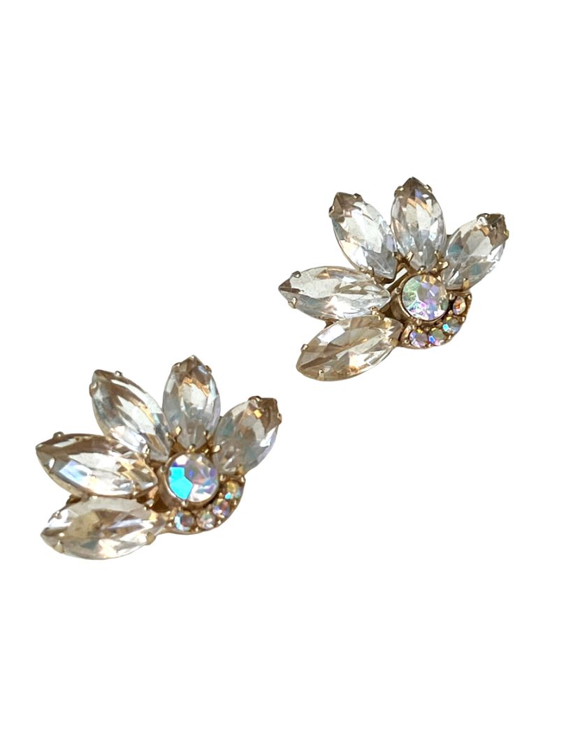 Vintage Rhinestone Glass Clip On Earrings Evening Formal Elegant Goldtone