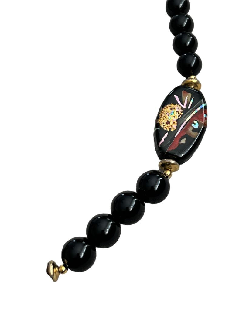 Handpainted Black Lacquer Oriental Wooden Pendant Necklace 22" Long