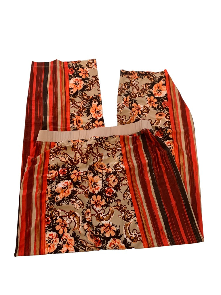 Medium Simonton Says Orange Brown Stripe Floral Women's Pull On Flowy Pants