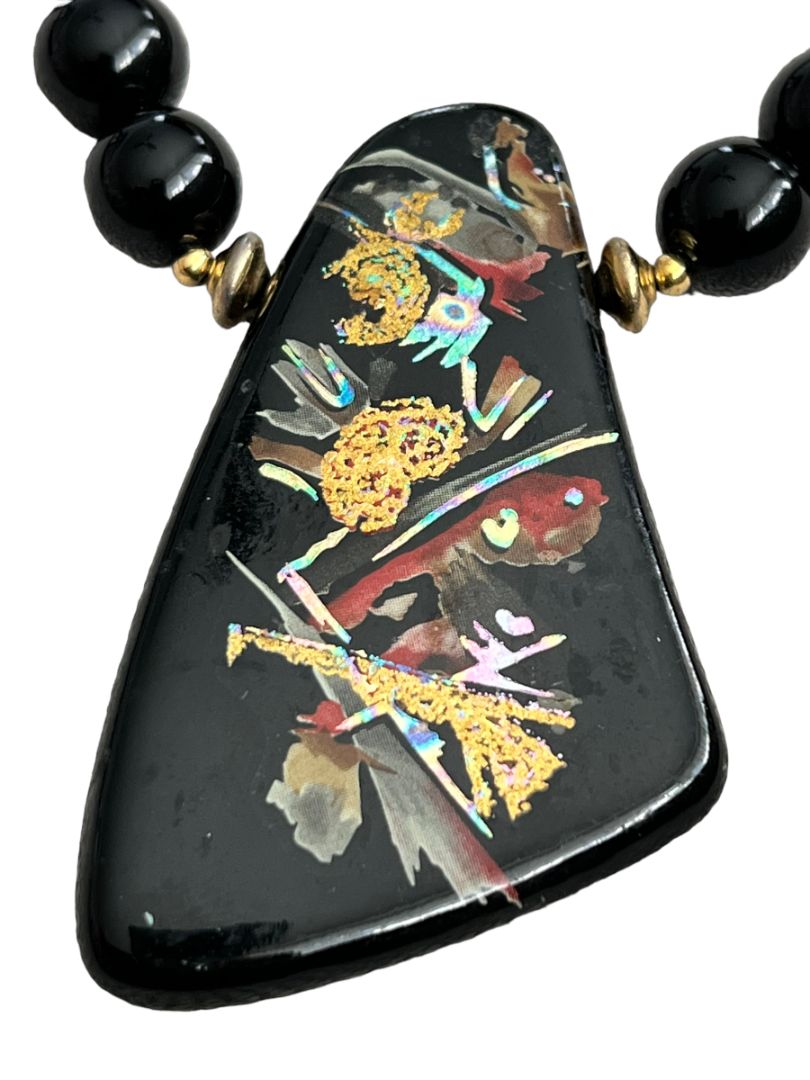 Handpainted Black Lacquer Oriental Wooden Pendant Necklace 22" Long