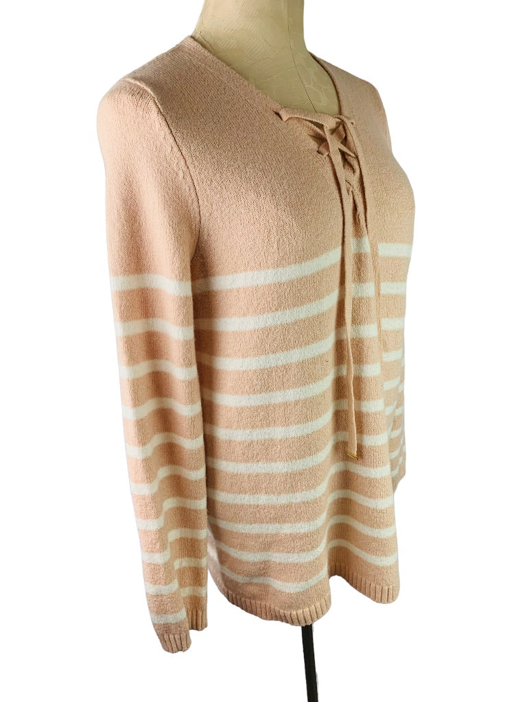 Small Calvin Klein Women's Pink White Stripe Lace Up Neckline Sweater