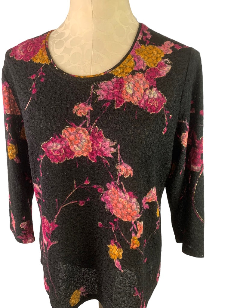 Medium Petite Alia Black Stretch Lace Floral 3/4 Sleeve Women's Top