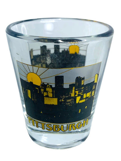 Pittsburgh Skyline Shot Glass Clear Black Gold Barware